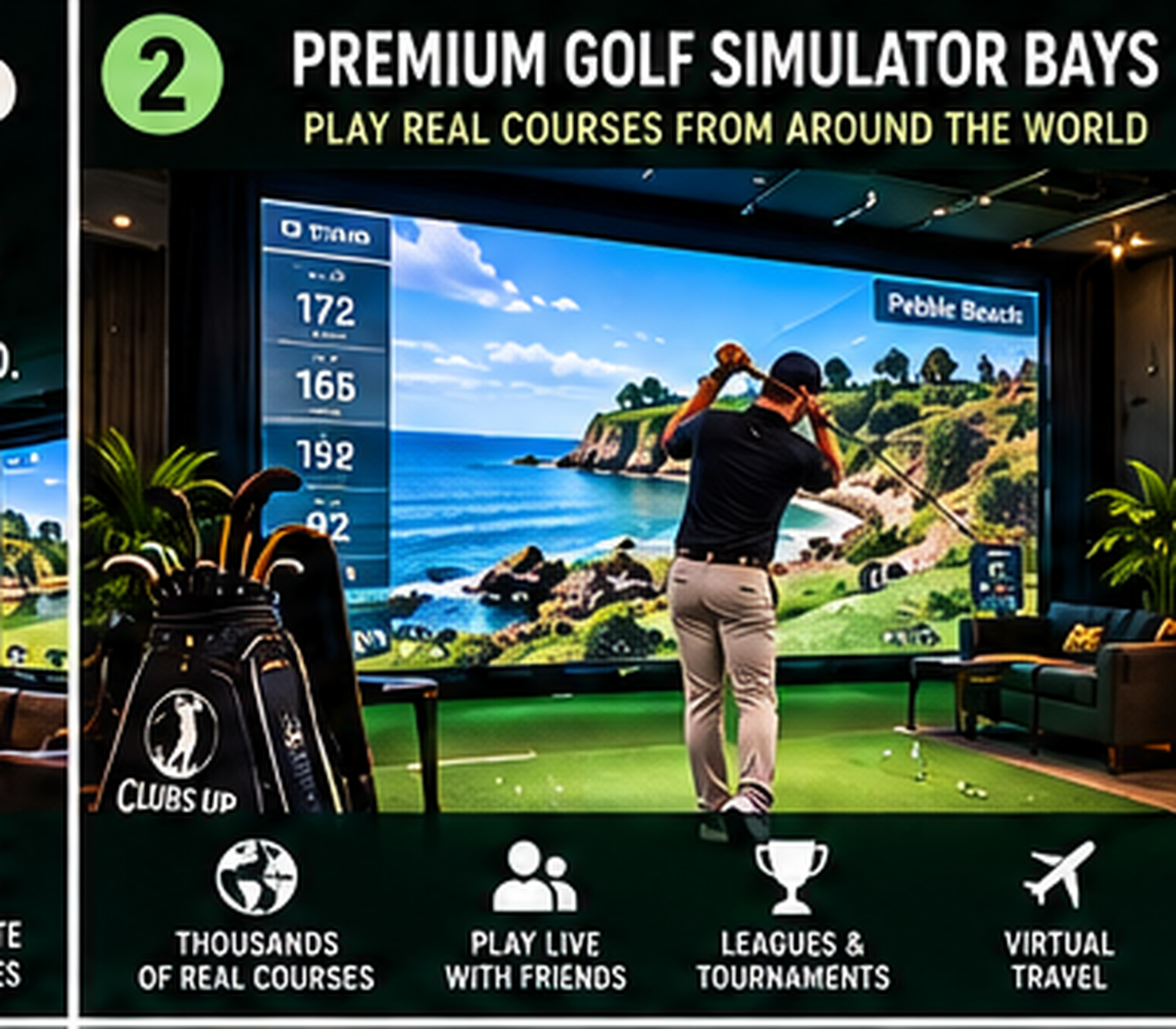 Concept rendering of a premium CLUBS-UP indoor simulator bay