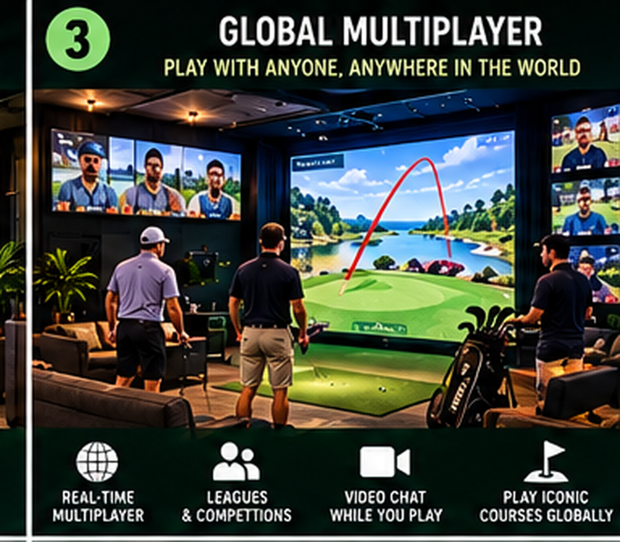 Concept rendering of global multiplayer golf in the CLUBS-UP lounge